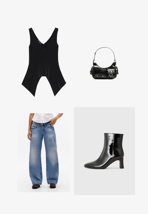 Černý bezrukávový top s výstřihem do V, zdobený krajkovým detailem na výstřihu a charakteristickým rozšířeným lemem. Vyrobeno z měkké, hladké tkaniny.; Osoba v modrých džínách s širokými nohavicemi, které mají odbarvená místa a skvrny od barvy, v kombinaci s tmavě hnědými botami a bílým topem.; Černé lakované kotníkové boty s špičatou špičkou a středně vysokým blokovým podpatkem. Hladká textura a minimalistický design.; Černá lakovaná kožená kabelka s křivkovým tvarem, jedním ramenním popruhem, předními kapsami a stříbrnými kovovými detaily.