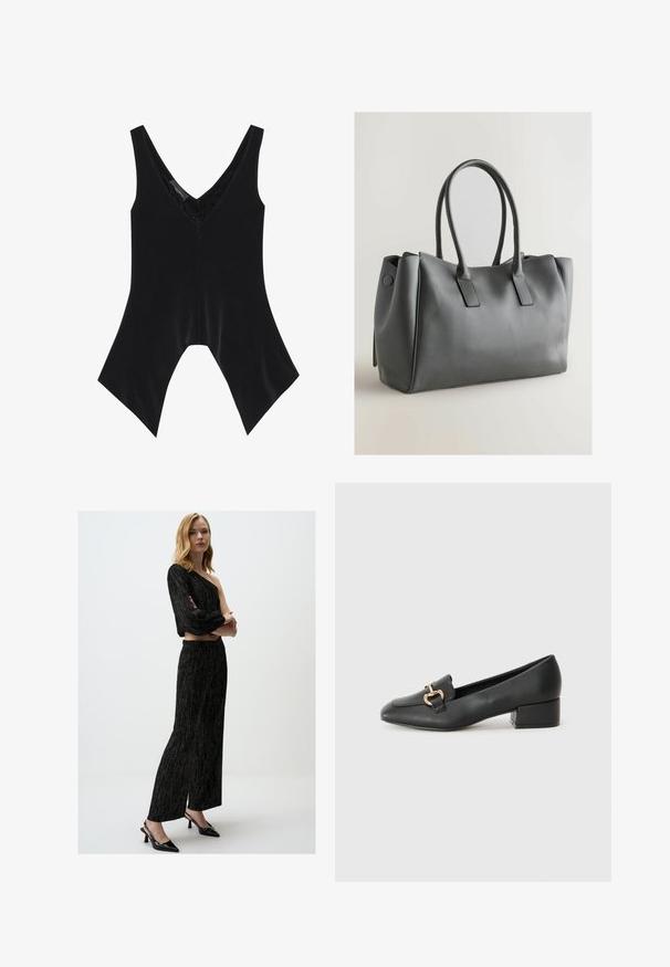 Top noir sans manches avec un col en V, présentant des détails en dentelle au niveau de l'encolure et un design distinctif à ourlet évasé. Fabriqué en tissu doux et lisse.; Haut noir texturé, décolleté asymétrique, associé à un pantalon large taille haute avec une subtile brillance, complété par des escarpins à bout pointu.; Mocassins en cuir noir avec un talon plat, présentant un détail décoratif en métal doré à l'avant et une texture lisse.; Sac à main en cuir gris avec double poignée, forme rectangulaire, texture lisse et design minimaliste. Présente des panneaux latéraux plats et des coutures discrètes.