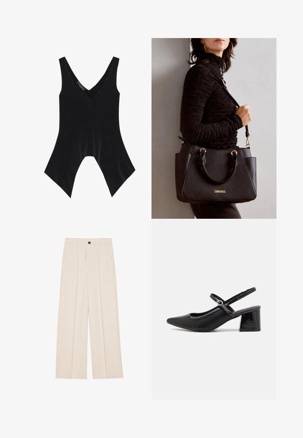 Top negru fără mâneci, cu decolteu în V, având detalii din dantelă la guler și un design distinctiv cu tiv evazat. Realizat dintr-un material moale și neted.; Pantaloni cu talie înaltă, largi, din țesătură crem, având două buzunare laterale, un singur buton frontal și pliseuri frontale pentru un detaliu suplimentar.; Cizme cu toc slingback din piele sintetică lacuită neagră, cu vârful ascuțit, un design cu decupaj rotunjit și toc bloc. Include un accent cu cataramă de culoare aurie.; Geantă de umăr neagră cu suprafață texturată, cu două mânere superioare și curea de umăr ajustabilă. Dispune de accesorii metalice de culoare aurie și buzunare laterale.