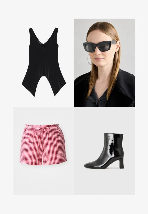 Svart ärmlös topp med V-ringning, med spetsdetaljer vid halsringningen och en distinkt utställd fålldesign. Tillverkad av mjukt, slätt tyg.; Röda och vita rutiga shorts med elastisk midja och snörning, tillverkade av ett lätt material och med avslappnad passform.; Svart lackläder ankelboot med spetsig tå och en medelhög klack. Slät textur och minimalistisk design.; Svarta katterformade solglasögon med mörka linser, tjocka bågar och subtila detaljer. Bärs tillsammans med en svart kappa och en grå topp, med långt rakt hår.