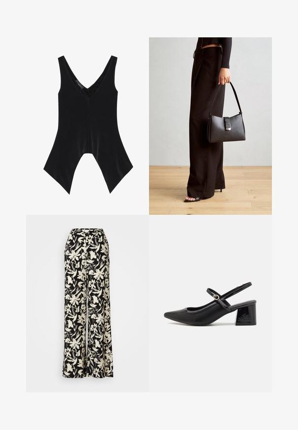 Zwarte mouwloze top met een V-hals, voorzien van kantdetails bij de halslijn en een kenmerkend uitlopende zoomontwerp. Gemaakt van zachte, gladde stof.; Zwarte wijde broek met een wit bloemenpatroon, met een hoge taille en een soepele stoftextuur. Geschikt voor verschillende gelegenheden.; Zwarte gepolijste leren slingback hakken met een spitse neus, een ronde uitsnede en een blokhak. Voorzien van een gouden gespaccent.; Zwarte handtas met gestructureerde vorm, gladde textuur en een metalen sluiting. Gecombineerd met brede zwarte broeken en sandalen met open teen op een houten vloer.