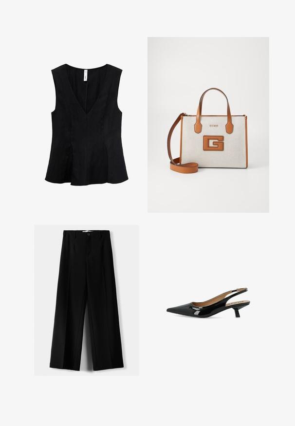 Črna brezrokavnica z V-izrezom, razširjenim dizajnom in gladko teksturo. Tkanina se zdi mehka z diskretnim padajem.; Črne široke hlače iz lahkega materiala, z zapiranjem na gumb spredaj in ravnim sprednjim delom, s skrbno zašiti robovi.; Črne lakirane slingback pumpe s koničastim prstom in nizko, kvadratno peto. Imajo gladko teksturo in minimalističen dizajn.; Torbica v tan in bež barvi z logotipom, teksturirano blago, dva ročka in odstranljiva naramnica. Ponaša se z zlatimi črkami in značilnim G emblemom.