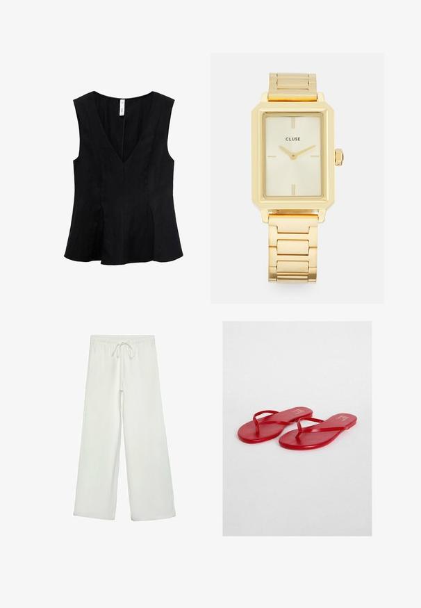 Top sans manches noir avec un décolleté en V, design évasé et texture lisse. Le tissu semble doux avec un léger drapé.; Pantalons larges blancs en tissu doux. Dotés d'une taille élastique avec cordon de serrage et d'une texture lisse. Aucuns motifs visibles ni éléments en métal.; Tongs rouges avec une finition lisse et brillante, des brides fines et une semelle plate. Le nom de la marque est embossé en or sur la semelle intérieure.; Montre rectangulaire en or au design minimaliste, avec un cadran crème, des aiguilles dorées et un bracelet en maillons métalliques. Les marquages incluent le nom de la marque.