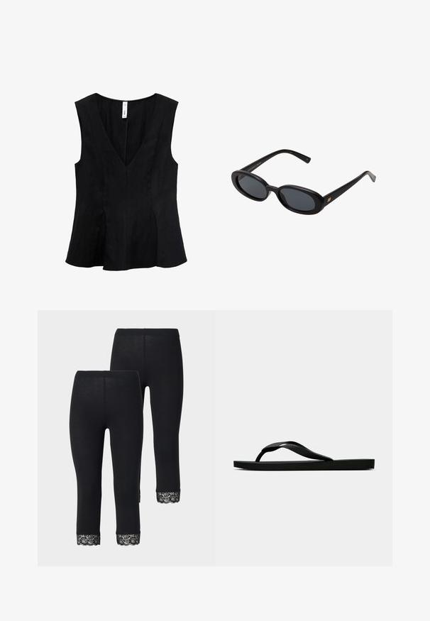 Čierny top bez rukávov s výstrihom do V, rozšíreným strihom a hladkou textúrou. Tkanina vyzerá jemná s jemným splývaním.; Čierne legíny s priliehavým strihom, s čipkovými akcentmi na okraji, vyrobené z mäkkého, elastického materiálu.; Čierne gumené žabky s textúrovaným popruhom a jednoduchou plochou podrážkou, zobrazené z boku na jednofarebnom svetlom pozadí.; Čierne oversized slnečné okuliare s oválnymi šošovkami, hladkým plastovým rámom a zlatými akcentmi na straniciach. Tmavé šošovky poskytujú ochranu pred slnkom.