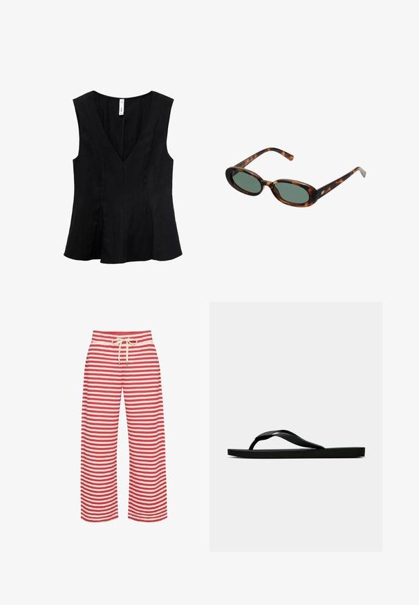Black sleeveless top featuring a V-neckline, flared design, and a smooth texture. The fabric appears soft with subtle draping.; Striped wide-leg pants in red and cream, featuring an elastic waist with a drawstring, smooth fabric, and a relaxed fit design.; Black rubber flip-flop sandal with a textured thong strap and simple flat sole, shown from side on a plain light background.; Tortoiseshell sunglasses with oval frames and green lenses. Features thin arms with a metallic accent near the hinges.
