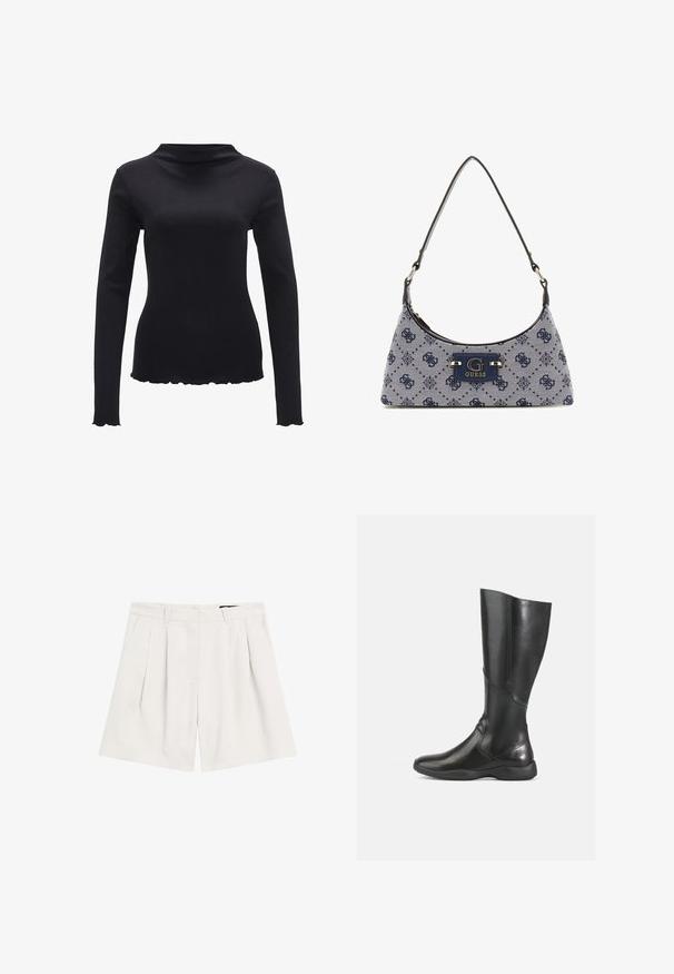 Schwarzes Langarmtop aus glattem Stoff mit einem Stehkragen und einem gewellten Saum. Keine sichtbaren Muster oder Hardware-Akzente.; Helle beige, gefaltete Shorts aus strukturiertem Stoff. Mit einem Bund mit Gürtelschlaufen und einem Reißverschluss als Verschluss.; Schwarze Lederkniehohe Stiefel mit glatter Oberfläche, abgerundeter Zehenpartie und weicher Sohle. Verfügt über eine moderne Silhouette und minimale Nähte.; Hobo-Handtasche aus navyblauem Stoff mit einem Diamantmuster, ausgestattet mit einem Logo-Schild und einem glatten Schultergurt. Strukturiert Oberfläche.