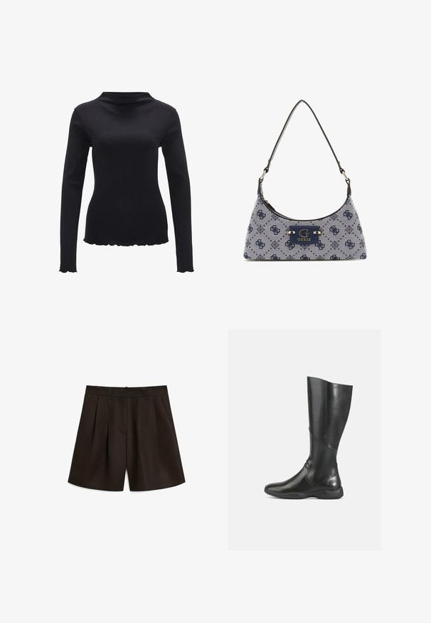 Top nero a maniche lunghe realizzato in un tessuto liscio, con un design a collo alto e un orlo smerlato. Nessun motivo visibile o dettagli metallici.; Massimo Dutti PLEATED BERMUDA - Shorts - dark brown; Stivale in pelle nera al ginocchio con finitura liscia, punta rotonda e suola morbida. Presenta una silhouette moderna e accenti di cuciture minime.; Borsa a tracolla in stile hobo in tessuto blu navy con un motivo a diamante, dotata di una placca con logo e di una tracolla liscia. Superficie texturizzata.