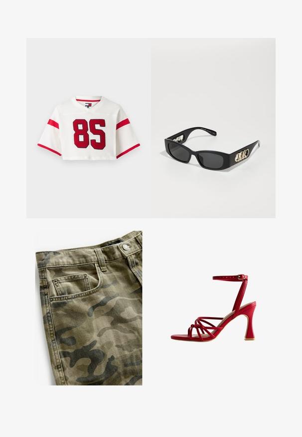 Maglia da football bianca ritagliata in tessuto a rete. Presenta strisce rosse sulle maniche e un grande numero '85' rosso sul davanti.; Next Shorts di jeans - camo print; Sandal con tacco alto rosso dal design elegante, con cinturini incrociati, una cinghia alla caviglia con fibbia e un tacco testurizzato.; Occhiali da sole neri rettangolari con lenti scure, caratterizzati da un accento del logo dorato sui lati e montatura in plastica liscia.; Borsa a mano in pelle nera con design curvo, manici doppi, accessori in oro e tracolla a catena. Presenta il logo "Lancaster Paris."