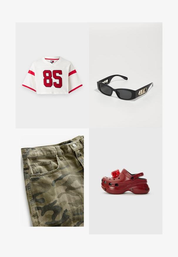 Camiseta de fútbol blanca cortada hecha de tela de malla. Presenta franjas rojas en las mangas y un gran número '85' rojo en el frontal.; Next Shorts vaqueros - camo print; Zueco de plástico rojo con agujeros de ventilación, un tacón elevado y un acento floral en la parte superior. Presenta una correa trasera y lados texturizados.; Gafas de sol negras rectangulares con lentes oscuros, que presentan un acento de logo dorado en los laterales y un marco de plástico suave.