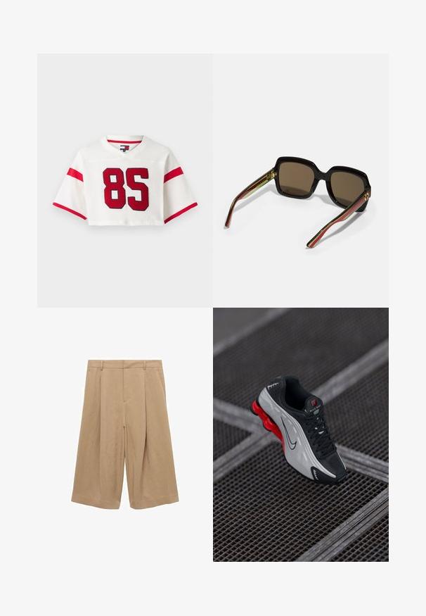 Zastrihnutý biely futbalový dres vyrobený z mriežkovanej tkaniny. Obsahuje červené pruhy na rukávoch a veľké červené číslo '85' na prednej strane.; Béžové kukly vyrobené z ľahkej tkaniny, s širokým strihom nohavíc, plochým predným dielom, dvoma bočnými vreckami a hladkou textúrou.; Čierna a šedá atletická obuv s červenou odpruženou podrážkou, čiernymi šnúrkami a logom Swoosh odložená na kovovej mriežke.; Čierne nadmerné slnečné okuliare s hnedými sklami. Majú jedinečné pruhované ramienka v zelenej a červenej farbe, a zlaté akcenty. Štvorecový tvar.