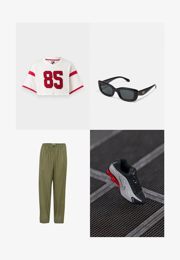 Ingekorte witte voetbaltrui van mesh-stof. Heeft rode strepen op de mouwen en een groot rood '85' cijfer op de voorkant.; Olijfgroene, lichtgewicht broeken met een elastische tailleband, een trekkoord en tapse enkels. Soepele textuur met een glanzende afwerking.; Zwarte en grijze sportieve schoen met een rode dempende zool, zwarte veters en een swoosh-logo, rustend op een metalen rasteroppervlak.; Zwarte rechthoekige zonnebril met donkere lenzen, gemaakt van glad plastic. Heeft een gouden logo accent op een van de armen.; Zwarte leren handtas met een gebogen ontwerp, dubbele handgrepen, gouden hardware en een schouderriem van kettingen. Bevat het logo "Lancaster Paris."