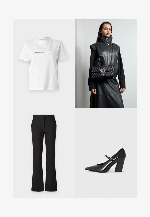Wit katoenen T-shirt met reliëftekst "SORRY BUT I'M NOT SORRY" in zwart en rood, korte mouwen en een ronde halslijn.; Zwarte flared broeken gemaakt van een geweven stof. Voorzien van een platte voorkant met een tailleband en een gladde textuur. Geen zichtbare hardware of patronen.; Zwarte lakleren hoge hak met een spitse neus, een stevige hak en een bandje met metalen hardwaredetails.; Zwarte leren gilet met hoge kraag, ritszakken en een zwarte gewatteerde handtas met een zilveren hardware accent, gedragen met een lange zwarte rok.