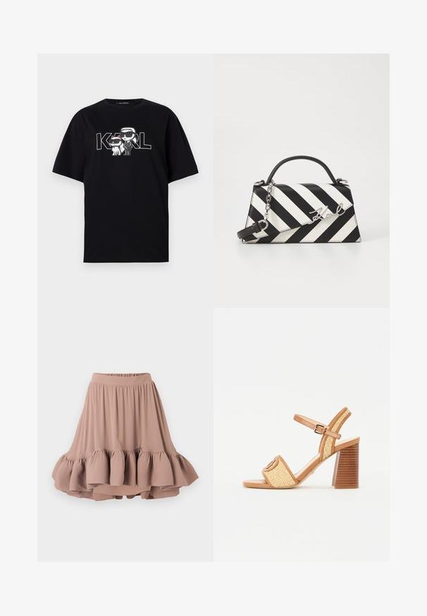 Must musta t-särk, millel on graafiline trükk kahest karikatuurikujudest prillidega, koos tekstiga "KARL" paksude tähtedega.; Kerge pruun kuni põlveni ulatuv seelik, mis on valmistatud pehmest kangast, laia vöökoha ja lõdvalt voolava kihtide ehk volangservaga. Ühtlane pehme tekstuur.; Pruun nahast ja kootud õlgedest kontsakingad, millel on pahkluu rihm, avatud varvas ja tumesinine puidust stiilis konts, millel on horisontaalsed triibud.; Mustriga musta ja valgega käekott, millel on struktureeritud kuju, pehme käepide, eemaldatav ahelriba ja metallist logo aktsent.