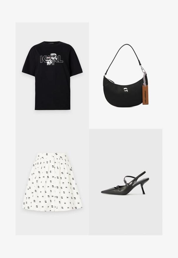Črna bombažna majica s grafikonom dveh risanih figur v sončnih očalih, ob spremljavi besedila "KARL" v poglobljenih črkah.; Bela krilna obleka z vzorcem majhnih črnih risanih obrazov z različnimi dodatki. Ima sprednje gumba in zbrano pas.; Črne usnjene sandale na peto s koničastim nosom, vitko peto in okrasno zaponko na sprednjem delu. Gladka tekstura in eleganten dizajn.; Črna usnjena torbica s teksturo graviranega kamna, ukrivljene oblike, zadrgo na vrhu, srebrnim okovjem in rjavo oznako. Značilna je po logotipu.