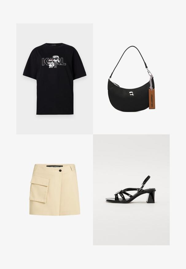 Čierne bavlnené tričko s grafickou potlačou dvoch kreslených postavičiek v slnečných okuliaroch, doplnené textom "KARL" v tučných písmenách.; Béžová sukňa so zaviedkovým pásom, predným zapínaním na gombíky a cargo vreckom na ľavej strane. Hladká látka s upraveným dizajnom.; Čierne lakované kožené sandále na vysokom opätku s otvorenou špičkou, širokými remienkami, nastaviteľnou prackou a geometrickým blokovým opätkom.; Čierna kožená kabelka s textúrou jemných bradavíc, zakriveným tvarom, horným zipsom, striebornými kovaniami a hnedou visačkou. Má akcent v podobe loga.