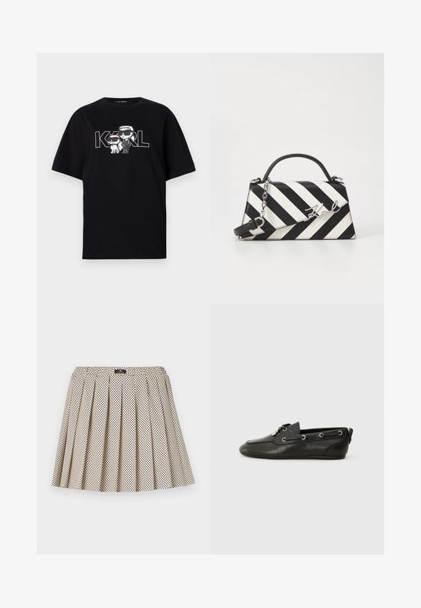 Svart bomulls t-skjorte med et grafisk trykk av to tegneseriFigurer med solbriller, sammen med teksten "KARL" i fete bokstaver.; Beige plissert skjørt med svarte prikker, elastisk midje og en glatt tekstur. Har en dekorativ merkeetikett ved midjen.; Sorte lærbådsko med rund tå, snøring foran, metaløjer og flad sål. Har en lille lap bagpå.; Svart- og hvitstripet håndveske med en strukturert form, som har et topphåndtak, en avtakbar kjedestropp, og metallisk logo-akcent.