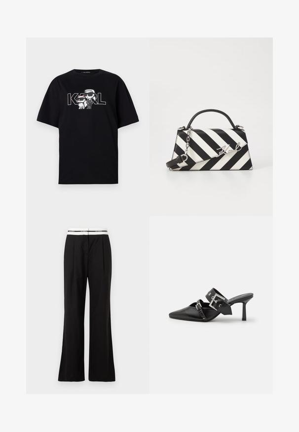 Svart bomulls t-skjorte med et grafisk trykk av to tegneseriFigurer med solbriller, sammen med teksten "KARL" i fete bokstaver.; Sorte bukser med avslappet passform, med hvit elastisk midjebånd med merkevare. Laget av glatts materiale med en lett glans.; Svarte høye hælsandaler med spiss tå, laget av glatt lær. Har et bredt ankelbelte med firkantet sølvspenne og nagler.; Svart- og hvitstripet håndveske med en strukturert form, som har et topphåndtak, en avtakbar kjedestropp, og metallisk logo-akcent.