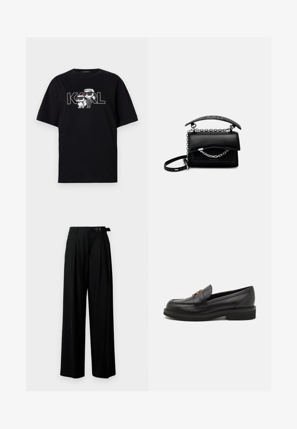 T-shirt de algodão preta com uma impressão gráfica de duas figuras de cartoon com óculos de sol, acompanhadas pelo texto "KARL" em letras grandes.; Calças largas pretas de cintura alta, com pregas à frente e um cinto com fivela. Feitas de um tecido liso e leve.; Mocassins de couro preto com bico arredondado, detalhes costurados, metais na tonalidade ouro e uma sola baixa de borracha texturizada. Acabamento liso e elegante.; Bolsa de couro preta com um design estruturado, detalhes em corrente e alça, e uma superfície texturizada. Apresenta um fecho de aba com a marca visível.