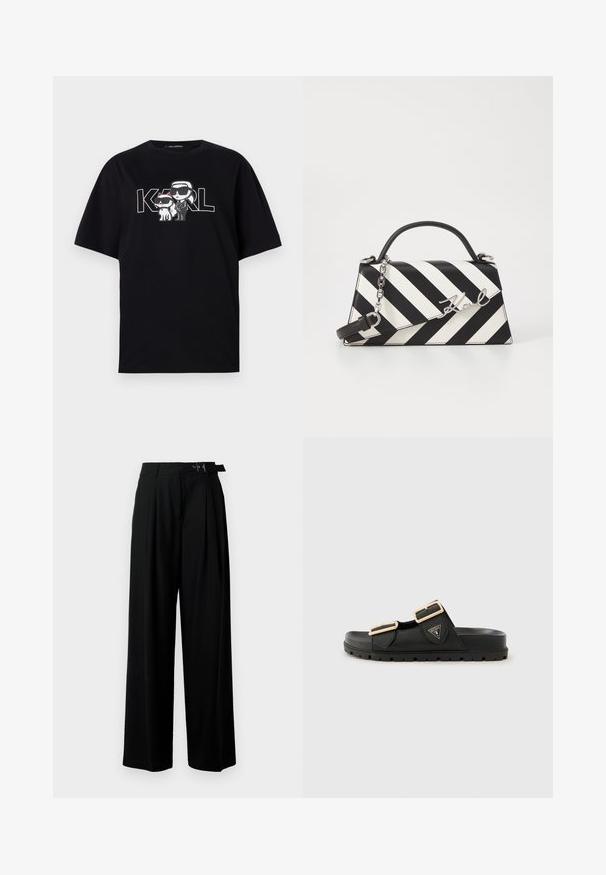 Černé bavlněné tričko s grafickým potiskem dvou karikatur s brýlemi, doplněné textem "KARL" tučnými písmeny.; Černé široké kalhoty s vysokým pasem, záhyby vpředu a páskem s přezkou. Vyrobené z hladké, lehké tkaniny.; Černé sklouzávací sandály se dvěma nastavitelnými pásky, sponami ve zlatém tónu, texturovaným gumovým svrškem a silnou texturovanou podrážkou. Logo umístěné na boku.; Černo-bílá pruhovaná kabelka se strukturovaným tvarem, vybavená horní rukojetí, odnímatelným řetízkem a kovovým logem.