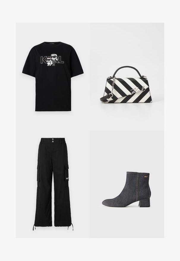 Melna kokvilnas T-kreklu ar grafisku attēlu, kurā attēloti divi karikatūru tēli ar saulesbrillēm, kopā ar tekstu "KARL" treknrakstā.; Melni cargo bikses ar brīvu piegriezumu, kurām ir vairāki sānu kabatas, elastīga josta un regulējamas auklas apakšā.; Tumši denima potītes zābaki ar norādītu pirkstu, bloku papēdi, redzamām šuvēm un subtilu zīmola logo sānos. Gluda tekstūra.; Melnām un baltām svītrām rotāta rokassoma ar strukturētu formu, ar augšējo rokturi, noņemamu ķēdes siksnu un metāla logotipa akcentu.
