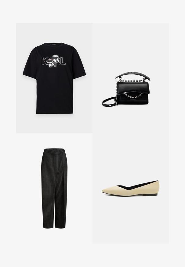 Czarna bawełniana koszulka z graficznym nadrukiem przedstawiającym dwie postacie z kreskówek w okularach przeciwsłonecznych, z napisem "KARL" w pogrubionych literach.; Czarne spodnie w paski w szerokim kroju, z krótką długością i złożonym pasem w celu uzyskania eleganckiego wyglądu. Miękka tekstura materiału.; Białe baleriny z ostro zakończonym noskiem, wykonane z beżowej skóry, z niską czarną podeszwą. Wnętrze ma kontrastowe czarne wykończenie. Gładka faktura, bez wzorów.; Czarna skórzana torebka o zorganizowanym fasonie, z łańcuszkiem i akcentami uchwytu, oraz teksturowaną powierzchnią. Posiada klapkę z widocznym logotypem.