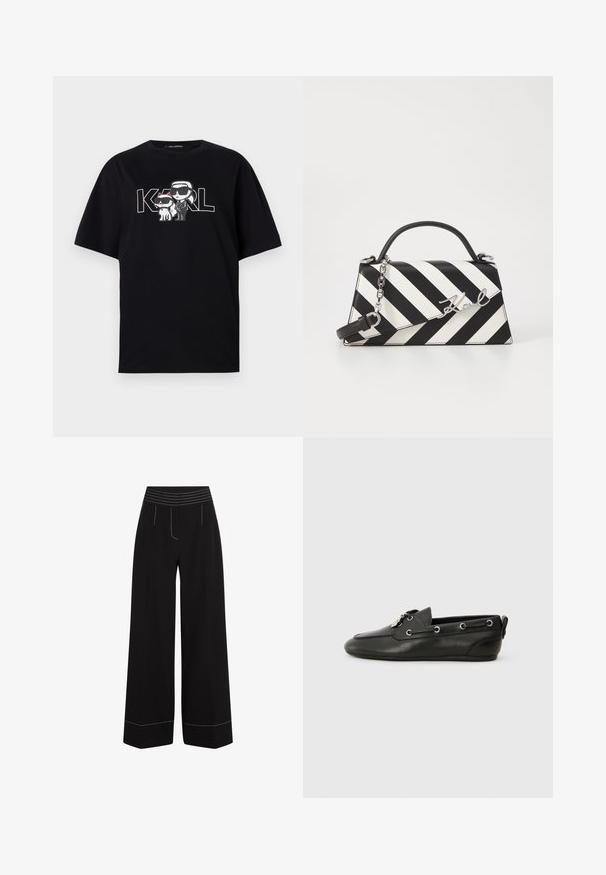 Melna kokvilnas T-kreklu ar grafisku attēlu, kurā attēloti divi karikatūru tēli ar saulesbrillēm, kopā ar tekstu "KARL" treknrakstā.; Melni plaša kāju bikses ar teksturētu, elastīgu jostu. Iekļautas baltas šuvju detaļas pie kabatām un apmalēm. Gluda auduma apdare.; Melnas ādas laivu kurpes ar noapaļotu purngalu, aukliņu priekšpusi, metāla acīm un platu zoli. Iekļauts neliels cilpiņas aizmugurē.; Melnām un baltām svītrām rotāta rokassoma ar strukturētu formu, ar augšējo rokturi, noņemamu ķēdes siksnu un metāla logotipa akcentu.