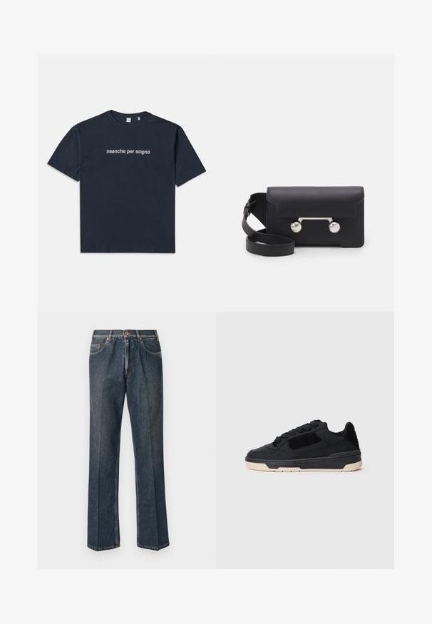Tamno plava majica kratkih rukava s bijelim natpisom "neanche per sogno" u središtu grudi, okrugli izrez, srednja veličina.; Tamno plave traperice ravnog kroja s prednjim gumbom, patentnim zatvaračem, dvojim prednjim džepovima i vidljivim vertikalnim naborima duž nogu.; Crne niske tenisice s debelim bež potplatom, panelima od antilopa i kože, te okruglim crnim vezicama, prikazane u profilu s lijeve strane.; Crna kožna crossbody torba s preklopom, hardverom srebrne boje i dva okrugla detalja. Ima odvojivi remen. Glatka tekstura.