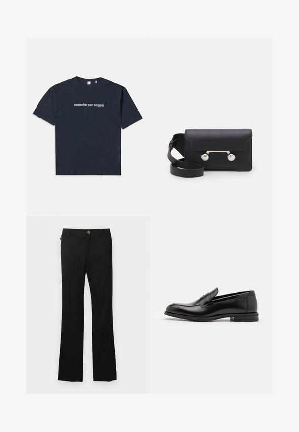 Tamno plava majica kratkih rukava s bijelim natpisom "neanche per sogno" u središtu grudi, okrugli izrez, srednja veličina.; Crne hlače od mješavine pamuka, s ravnim nogavicama, prednjim džepovima i zlatnim gumbom kao detaljem u struku.; Crni kožni mokasini s glatkom teksturom, zaobljenim prstima i ukrasnom trakom preko prednjeg dijela. Niski slojeviti potplat, minimalistički dizajn.; Crna kožna crossbody torba s preklopom, hardverom srebrne boje i dva okrugla detalja. Ima odvojivi remen. Glatka tekstura.