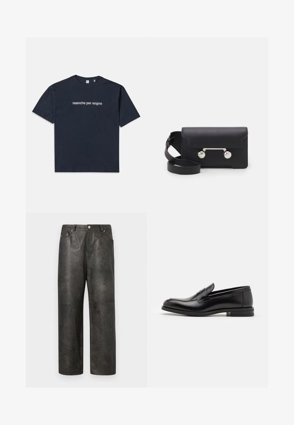 Námořnická modrá krátkosrstá tričko s bílým textem "neanche per sogno" umístěným na hrudi, kulatý výstřih, velikost M.; Kožené kalhoty v tmavě šedé barvě s hladkou texturou, se rovný střih, pěti kapsami a stříbrnými akcenty pro zapínání.; Černé kožené polobotky s hladkou texturou, zaoblenou špičkou a zdobným páskem přes nárt. Nízký stohovaný podpatek, minimalistický design.; Černá kožená crossbody taška s klopovým zavíráním, stříbrným kováním a dvěma kulatými detaily. Obsahuje odnímatelný popruh. Hladká textura.