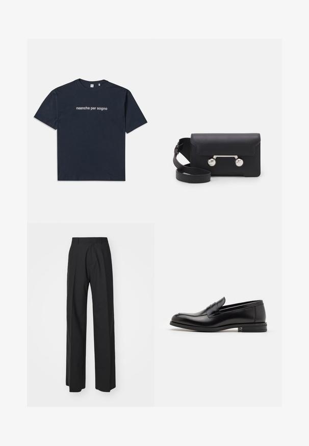 Navy blue short-sleeve T-shirt with white text "neanche per sogno" centered on the chest, crew neck, medium size.; DSQUARED2 ICON ICON PANT - Trousers - black; Black leather loafers with a smooth texture, rounded toe, and a decorative strap across the vamp. Low stacked heel, minimalist design.; Black leather crossbody bag with a flap closure, silver-tone hardware, and two round accents. Features a detachable strap. Smooth texture.