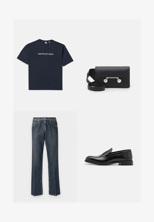 T-shirt blu navy a maniche corte con scritta bianca "neanche per sogno" centrata sul petto, colletto girocollo, taglia media.; Jeans in denim blu scuro a gamba dritta con bottone frontale, zip, doppie tasche anteriori e pieghe verticali visibili lungo le gambe.; Mocassini neri in pelle con una texture liscia, punta arrotondata e una striscia decorativa sulla tomaia. Tacco basso impilato, design minimalista.; Borsa a tracolla in pelle nera con chiusura a patta, hardware in tonalità argento e due accenti tondi. Dotata di una tracolla removibile. Texture liscia.