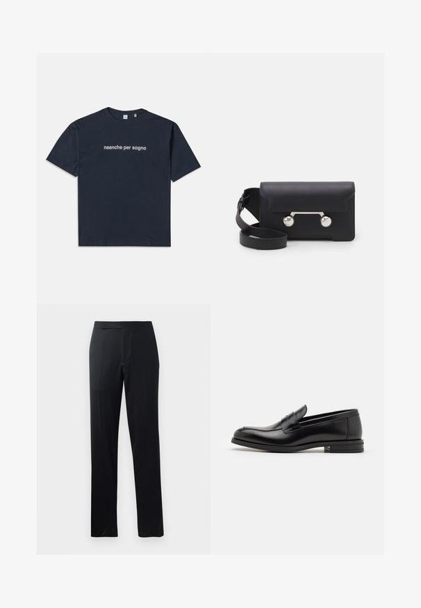 Navy blauwe T-shirt met korte mouwen met witte tekst "neanche per sogno" gecentreerd op de borst, ronde hals, maat medium.; Zwarte broeken met een rechte pijpdesign, voorzien van een gladde textuur en een platte tailleband, geschikt voor formele of casual kleding.; Zwarte leren instappers met een gladde textuur, ronde neus en een decoratieve band over de wreef. Lage, gestapelde hak en minimalistisch ontwerp.; Zwarte leren schoudertas met een klep, zilverkleurige hardware en twee ronde accenten. Voorzien van een afneembare schouderriem. Soepele textuur.