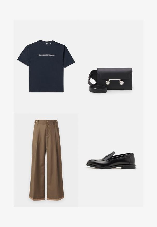 Námořnická modrá krátkosrstá tričko s bílým textem "neanche per sogno" umístěným na hrudi, kulatý výstřih, velikost M.; Široké kalhoty z tmavě hnědé tkaniny, které mají dvě boční kapsy, dva dekorační přední knoflíky a kontrastní lem.; Černé kožené polobotky s hladkou texturou, zaoblenou špičkou a zdobným páskem přes nárt. Nízký stohovaný podpatek, minimalistický design.; Černá kožená crossbody taška s klopovým zavíráním, stříbrným kováním a dvěma kulatými detaily. Obsahuje odnímatelný popruh. Hladká textura.