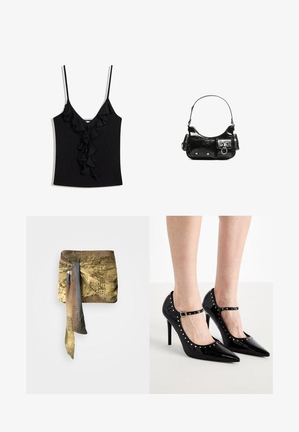 Černý top bez rukávů s hlubokým výstřihem do V a vertikálním volánkovým detailem na přední straně. Vyrobeno z měkké tkaniny s tenkými nastavovacími ramínky.; Hedvábný šál s abstraktním potiskem mapy, v hnědých a zlatých tónech, uvázaný na jedné straně. Textura se zdá být hladká s plynulým designem.; Černé lakované kožené lodičky s špičatou špičkou, kotníkovými pásky a kovovými hroty kolem okrajů. Tenké stiletto podpatky.; Černá lakovaná kožená kabelka s křivkovým tvarem, jedním ramenním popruhem, předními kapsami a stříbrnými kovovými detaily.