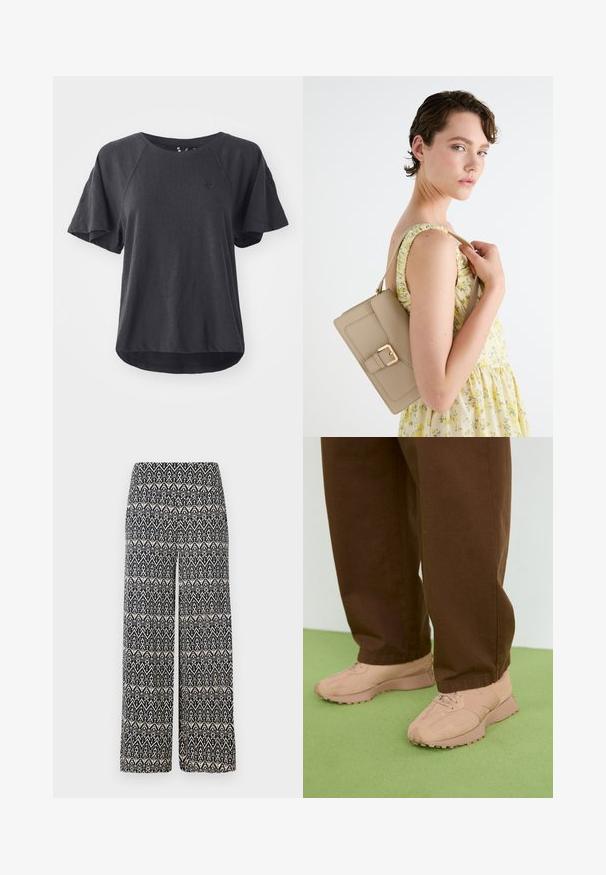 Tricou negru dintr-un material moale, cu guler rotund, mâneci scurte raglan și un tiv curbat. Logo mic pe piept.; Pantaloni largi cu un model geometric negru și crem, confecționați dintr-un material cu o textură netedă. Talie elastică pentru confort.; Tenisi roz deschis cu un superior din suede texturat și plasă, vârf rotund, design cu șireturi și talpă din cauciuc robustă. Purtați cu pantaloni maro largi.; Geantă de piele bej cu un design structurat, accent cu cataramă aurie și curea ajustabilă, prezentată pe un fundal deschis.