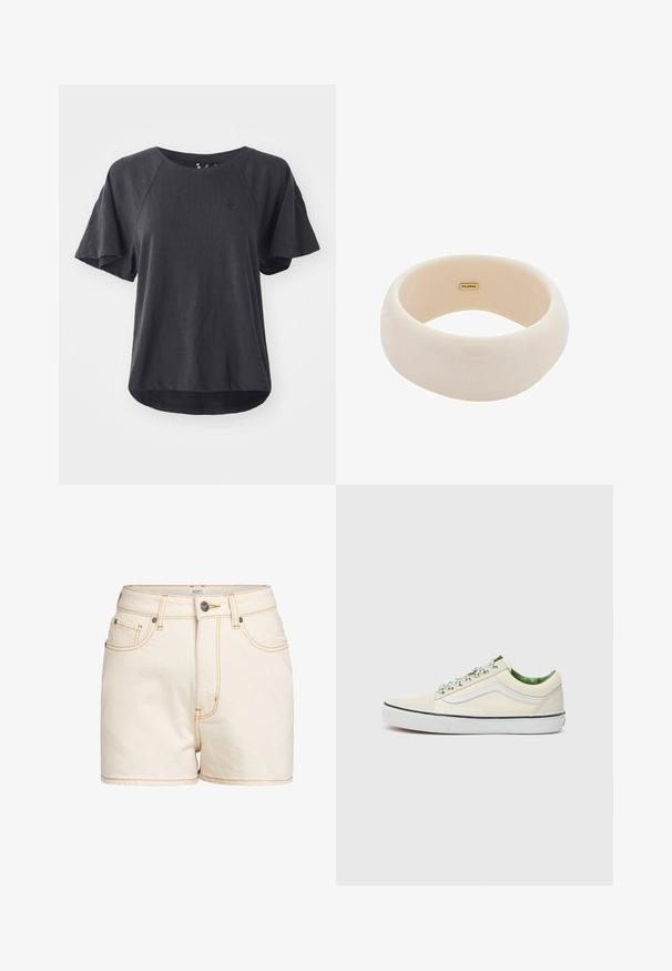 Schwarzes T-Shirt aus weichem Stoff, mit rundem Ausschnitt, kurzen Raglanärmeln und einem abgerundeten Saum. Kleines Logo auf der Brust.; Beige Denim-Shorts mit hoher Taille, versehen mit kontrastierendem gelbem Stich, Fronttaschen und einem markierten Metallknopfverschluss.; Beige Leinenschuh mit niedriger Spitze und grünen Akzenten, weißer Gummisohle und gemusterten Schnürsenkeln. Verfügt über ein seitliches Streifenmuster.; Glänzendes beiges Armband aus glattem Harz. Abgerundete Form mit einer einheitlichen Oberfläche und einem kleinen goldenen Logo auf der Innenseite.