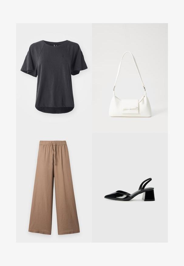 Fekete póló puha anyagból, kerek nyakkivágással, rövid raglánujjakkal és ívelt hemeléssel. Kis logó a mellrészen.; Széles szárú nadrág világosbarna anyagból, elasztikus derékkal és húzózsinórral, sima, texturált felülettel.; Fekete lakk bőr szandálkés magas sarkú cipő, hegyes orral és geometrikus tömbsarkakkal. Karcsú, minimalista dizájn és sima textúra jellemzi.; Fehér szintetikus kézitáska, háromszög alakú, lapos előlap, masni részlettel, állítható pánttal, sima textúrával és minimalista dizájnnal.