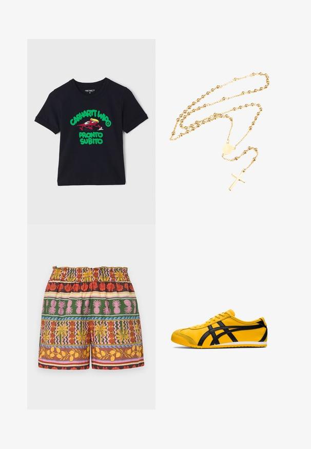 Zwart katoenen T-shirt met korte mouwen, voorzien van een kleurrafische afbeelding van een cartoonfiguur en de tekst "CARHARTT WIP PRONTO SUBITO" in groen en rood.; Multigekleurde shorts met een mix van felle kleuren zoals rood, geel, groen en roze, voorzien van een elastische tailleband en verschillende tropische motieven.; Gele sportieve schoen met zwarte accenten, gladde leren textuur, gebogen ontwerp, ronde teen, platte witte zool en opvallende branding aan de zijkant.; Gouden rosary ketting met ronde kralen, een centraal decoratief medaillon en een kruispendant. Gladde afwerking overal.