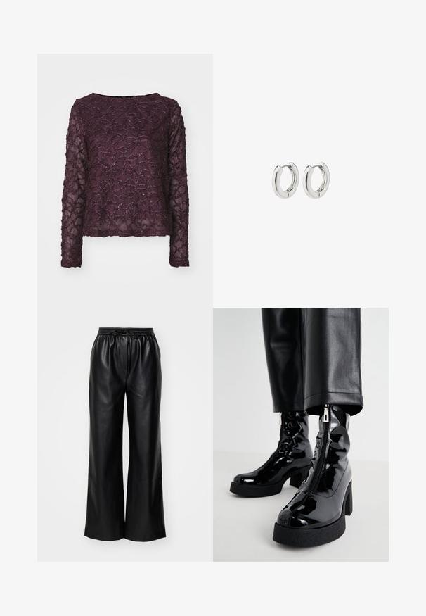 Ilgi piedurkņu caurspīdīgs tops dziļi purpursarkanā krāsā, ar teksturētu rakstu un mirdzošiem akcentiem. Taisna apakšmala un plata kakla izgriezums.; Melnas ādas platajā kājās bikses ar elastīgu jostu un regulējamu auklu; gluda tekstūra ar tīru, minimālistisku dizainu.; Melnas lakotas ādas potītes zābaki ar masīvu platformu un papēdi, ar sānu rāvējslēdzēju un gludu, spīdīgu tekstūru.; Sudraba apli auskari ar spīdīgu apdari, kuriem ir apaļa forma un bezšuvju eņģes, rādot gludu virsmu.