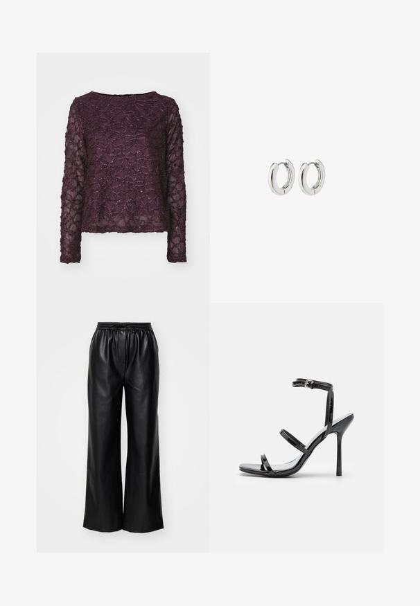 Ilga rankovė permatoma palaidinė tamsiai violetinės spalvos su tekstūriniu raštu ir blizgučiais. Tiesus apatinis kraštas ir plati iškirptė.; Juodos odinės plačios kelnės su elastinga juosta ir reguliuojama raišteliu; lygus paviršius su švariu, minimalistiniu dizainu.; Juodos lakinės odos aukštakulnės sandalai su trimis horizontaliais dirželiais ir reguliuojamu kulkšnimis dirželiu. Lieknas siluetas ir blizgus apdaila.; Sidabriniai auskarai su poliruotu paviršiumi, turintys apvalią dizaino formą ir be siūlių vyriukus, rodantys lygų paviršių.