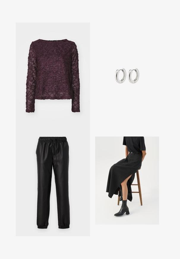 Long-sleeve sheer top in deep purple, featuring a textured pattern with shimmering accents. Straight hem and wide neckline.; Black synthetic joggers with a smooth texture, elastic waistband, and gathered cuffs. Features a drawstring for adjustable fit.; Black linen maxi skirt with a high slit, worn with a black t-shirt and black ankle boots. Minimalistic design with a relaxed fit.; Silver hoop earrings with a polished finish, featuring a circular design and seamless hinges, displaying a smooth texture.