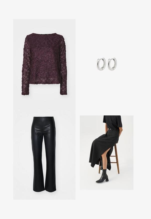 Långärmad genomskinlig topp i djup lila, med ett texturerat mönster och glittrande accenter. Rak fåll och vid halsringning.; Svarta byxor i konstläder med utsvängda ben och en slät textur, med en figurnära midja och något utsvängda ben, utformade för en elegant silhuett.; Svart lin maxi kjol med hög slits, bärs med en svart t-shirt och svarta ankelstövlar. Minimalistisk design med en lös passform.; Silverörhängen med en polerad yta, med en cirkelformad design och sömlösa gångjärn, med en slät textur.