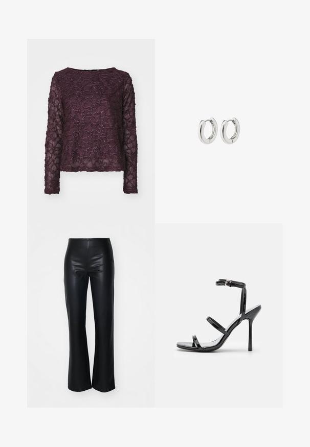 Langmouwige doorschijnende top in diep paars, met een gestructureerd patroon en glanzende accenten. Rechte zoom en brede halslijn.; Zwarte neplederen flared pants met een gladde textuur, voorzien van een aansluitende taille en licht uitlopende benen, ontworpen voor een strakke silhouet.; Zwarte gepatineerde leren hoge hak sandalen met drie horizontale banden en een verstelbare enkelband. Slanke silhouette en glanzende afwerking.; Zilveren creolen met een gepolijste afwerking, uitgerust met een cirkelontwerp en naadloze scharnieren, die een gladde textuur tentoonstellen.