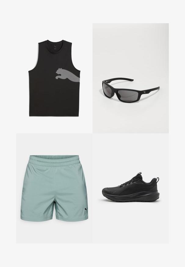 Camiseta sin mangas negra de deporte, hecha de una tela suave, que presenta un logo reflectante de Puma en gris claro en el lado izquierdo.; Pantalones cortos deportivos de color verde claro con cintura elástica y detalle de logo negro. Textura suave, diseño de longitud media y corte estándar.; Zapatillas deportivas negras con un upper de malla texturizada, cuello acolchado, cordones y suela de goma. Presentan un diseño elegante y una construcción robusta.; Gafas de sol negras con un acabado mate, lentes rectangulares y un acento de logotipo prominente en la varilla. Lentes polarizadas, protección UV.