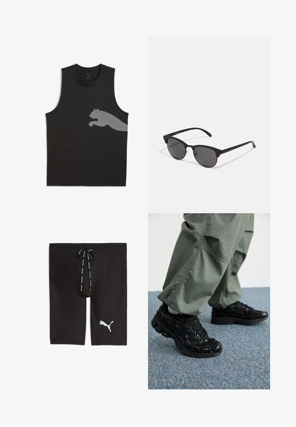 Camiseta sin mangas negra de deporte, hecha de una tela suave, que presenta un logo reflectante de Puma en gris claro en el lado izquierdo.; Pantalones cortos deportivos negros hechos de un tejido suave con una cinturilla de malla. Presenta un cordón y un logo blanco de Puma en el lado izquierdo.; Zapatillas deportivas negras con texturas brillantes y de malla, que presentan una suela gruesa y cordones, combinadas con pantalones cargo holgados de color verde oliva.; Gafas de sol negras con lentes redondos, acabado mate y una distintiva forma de ojo de gato. Patillas delgadas con un sutil branding en la patilla izquierda.