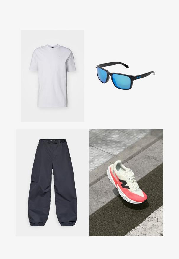 Maglietta in cotone bianco con maniche corte e scollatura a girocollo. Presenta un piccolo logo sottile di colore blu chiaro sul petto. Texture liscia.; Pantaloni cargo grigi scuri realizzati in un materiale morbido e resistente. Presentano una vestibilità ampia e comoda, numerose tasche e una cintura in vita per la regolazione.; Scarpa da corsa leggera con tomaia crema, dettagli rosa e logo nero. Presenta una forma aerodinamica e una suola testurizzata per una maggiore aderenza.; Occhiali da sole neri eleganti con lenti a specchio blu, montatura quadrata e dettaglio blu sulla tempia. Realizzati in materiale plastico leggero.