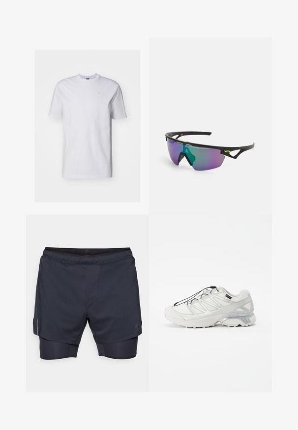 Valkoinen puuvillainen t-paita, jossa on lyhyet hihat ja pyöreä kaula-aukko. Rinnassa on pieni, huomaamaton vaaleansininen logo. Silkkinen rakenne.; Miestne športové šortky v tmavej námorníckej farbe s elastickým pásom, vrstveným dizajnom a vnútornými kompresnými šortkami. Obsahuje bočnú vrecko a logo.; Valkoiset urheilukengät, joissa on teksturoitu verkko-osa, heijastavat yksityiskohdat ja pehmustettu pohja. Varustettu joustavilla nauhoilla ja harmailla yksityiskohdilla.; Urheilulasit mustalla kehyksellä, suuret liukuväriset linssit, joissa on purppuran- ja vihreänsävyjä, sekä kulmikkaat muotoilun yksityiskohdat, joissa on logotieto.
