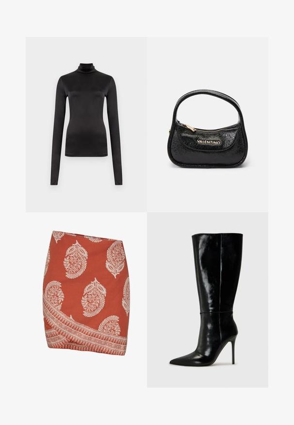 Zwarte turtleneck met lange mouwen, gemaakt van gladde, rekbare stof. Fitted ontwerp met een hoge hals en geen zichtbare patronen of versieringen.; Roestkleurige rok met witte paisley- en bloempatronen. Heeft een diagonale zoom en een ingewikkeld randontwerp langs de onderrand.; Zwarte leren kniehoge laarzen met een spitse neus en hoge stiletto hak. Soepele textuur en strak ontwerp, met minimale detailing.; Zwarte leren handtas met een gestructureerde afwerking, ronde vorm en een enkele handgreep. Beschikt over een voorvak met rits en vergulde branding.