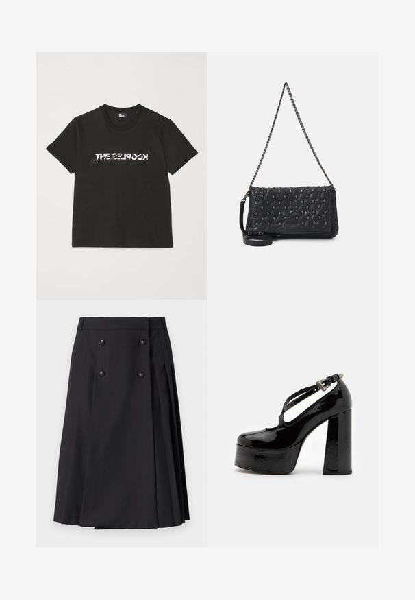 T-shirt en coton noir à manches courtes, avec un motif imprimé blanc et gris "THE 2LOOK" sur le devant. Encolure ras du cou classique.; The Kooples JUPE - Jupe trapèze - black; The Kooples CHAUSSURES - Escarpins à talons hauts - black; Sac en cuir matelassé noir avec une bandoulière en chaîne, comportant des accents de crâne et une fermeture éclair. Surface texturée avec une finition brillante.
