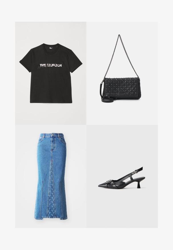 T-shirt de algodão preto com mangas curtas, apresentando um design impresso em branco e cinza "THE 2LOOK" na parte da frente. Gola redonda clássica.; Saia midi em denim azul claro com uma fenda frontal, costura em contraste, dois bolsos laterais e detalhes subtis em padrão de onda.; Sapato slingback em couro preto com biqueira fina, tiras decorativas com ilhós de metal e um pequeno salto quadrado. Superfície texturizada.; Bolsa de couro preta acolchoada com uma alça de corrente, apresentando detalhe de caveiras e fecho em zíper. Superfície texturizada com um acabamento brilhante.